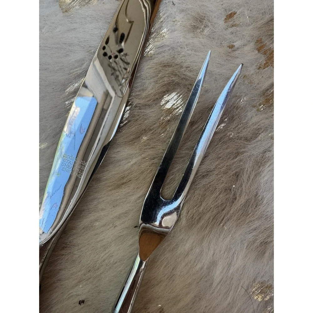 VTG MODE Danish Sheffield England Carving Knife & Fork Set Teak Wood Stainless